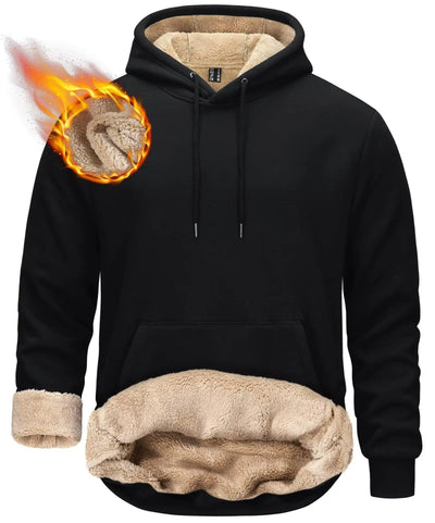 Black hoodie with beige fleece lining and heating element illustration on a white background