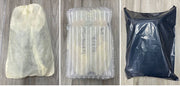 Three different packaging methods for a product on a wooden surface.