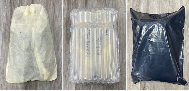 Three different packaging methods for a product on a wooden surface.