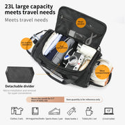 Black travel bag with compartments and items labeled, on a white background