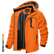 Orange jacket with black accents on a white background