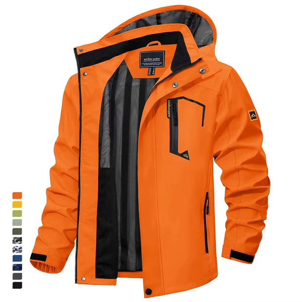Orange jacket with black accents on a white background