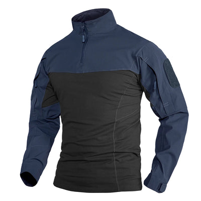 Two-tone navy and black tactical shirt on a white background