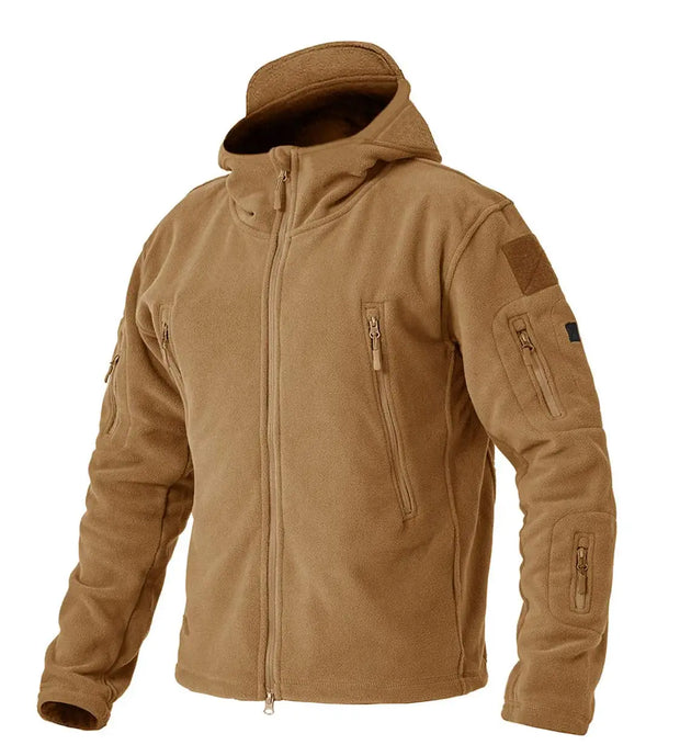 Tan tactical jacket with multiple pockets and zippers on a white background