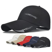 Black baseball cap with brand logo and five other colored caps below on a white background