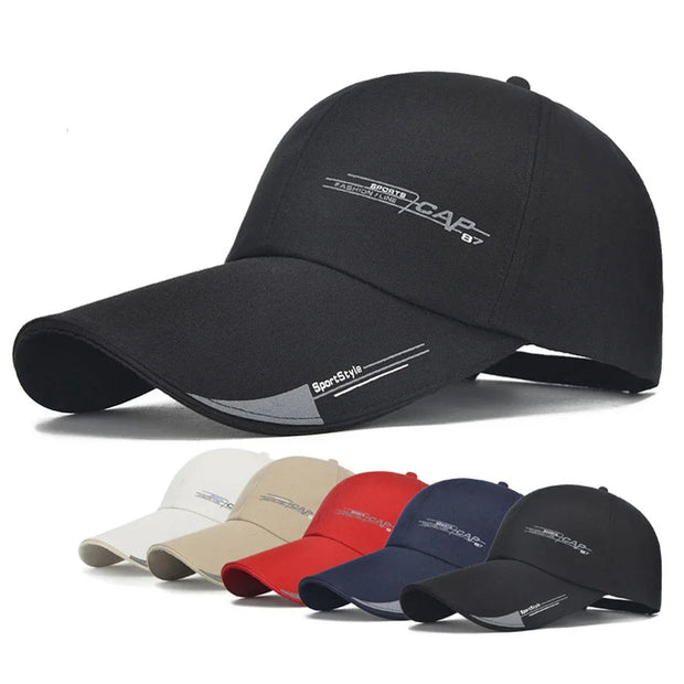 Black baseball cap with brand logo and five other colored caps below on a white background