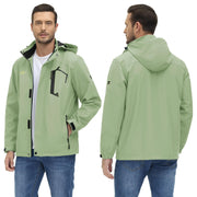 Light green jacket worn by a man, shown from front and back on a white background
