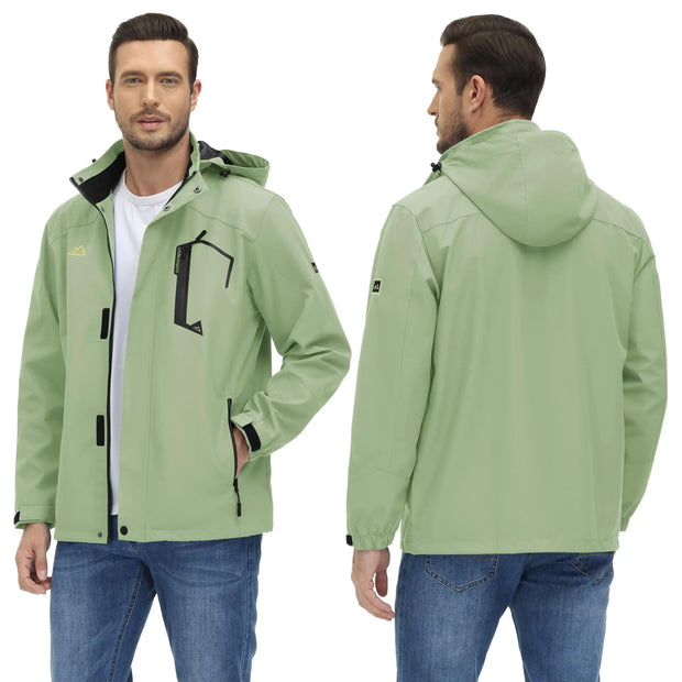 Light green jacket worn by a man, shown from front and back on a white background