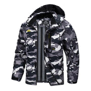 Camouflage jacket with black hood on a white background