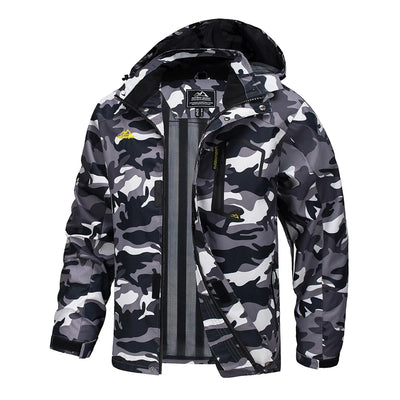 Camouflage jacket with black hood on a white background