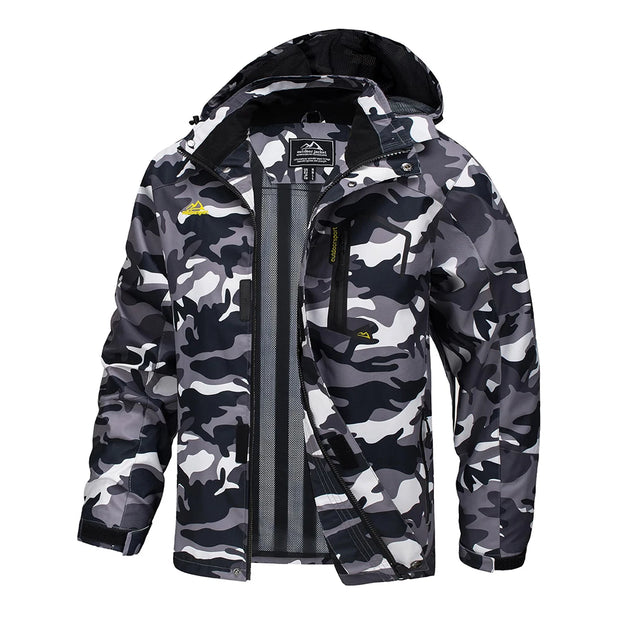 Camouflage jacket with black hood on a white background