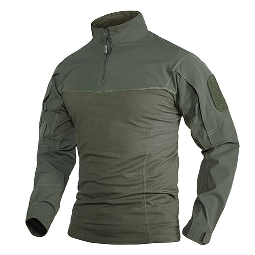 Green tactical shirt with shoulder pads on a white background