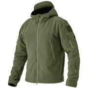 Green tactical jacket with multiple pockets and zippers on a white background