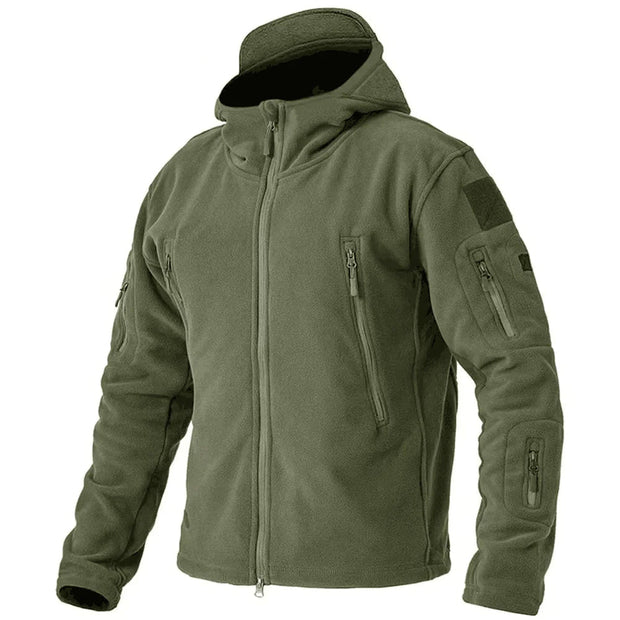 Green tactical jacket with multiple pockets and zippers on a white background