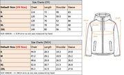Size chart for a jacket with measurements in centimeters and inches.