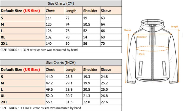 Size chart for a jacket with measurements in centimeters and inches.