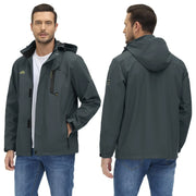 Gray jacket worn by a man, shown from front and back on a white background
