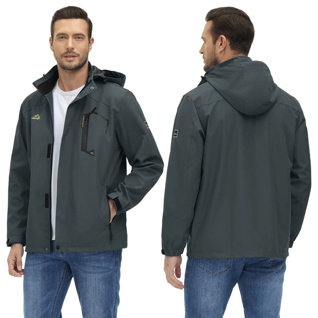 Gray jacket worn by a man, shown from front and back on a white background