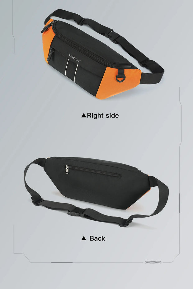 Black and orange waist bag shown from the right side and back on a light gray background.