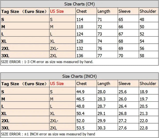 Size chart comparing US and Euro sizes with measurements in centimeters and inches.