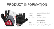cycling half finger gloves with product information on a white background