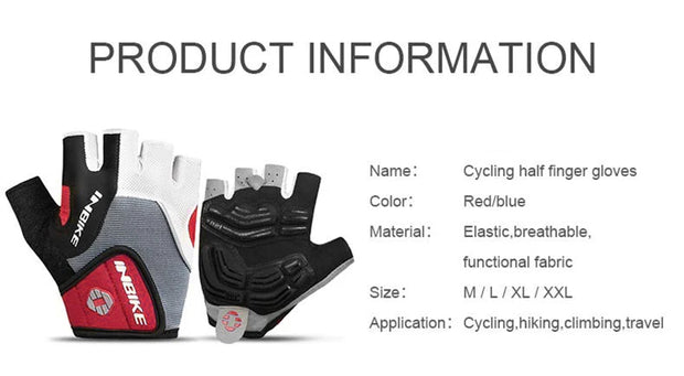 cycling half finger gloves with product information on a white background