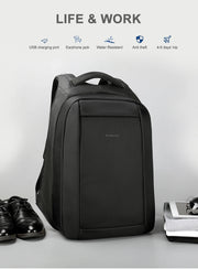 Black backpack with features listed on a light gray background