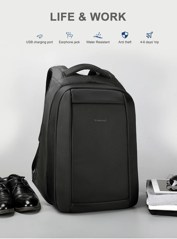 Black backpack with features listed on a light gray background