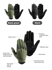 Two pairs of gloves, one black and green, the other black, with feature labels on a white background.