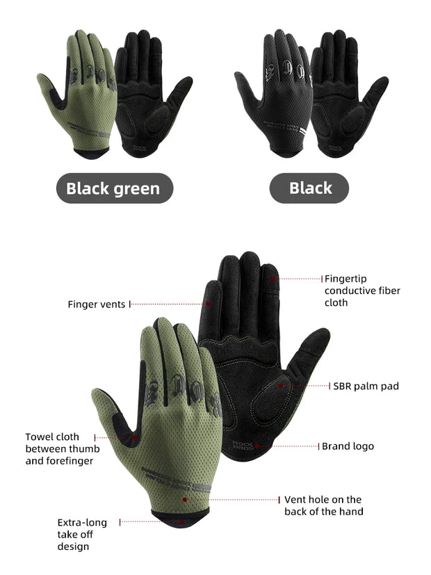 Two pairs of gloves, one black and green, the other black, with feature labels on a white background.