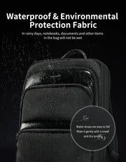 Backpack with waterproof fabric feature, showing water droplets and text about protection.