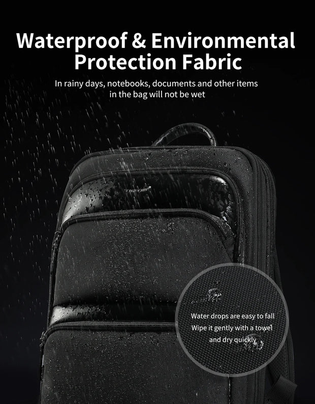 Backpack with waterproof fabric feature, showing water droplets and text about protection.
