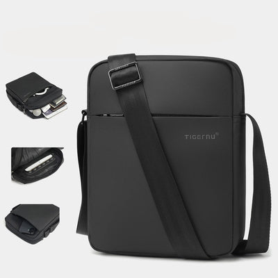 Black shoulder bag on a light gray background
