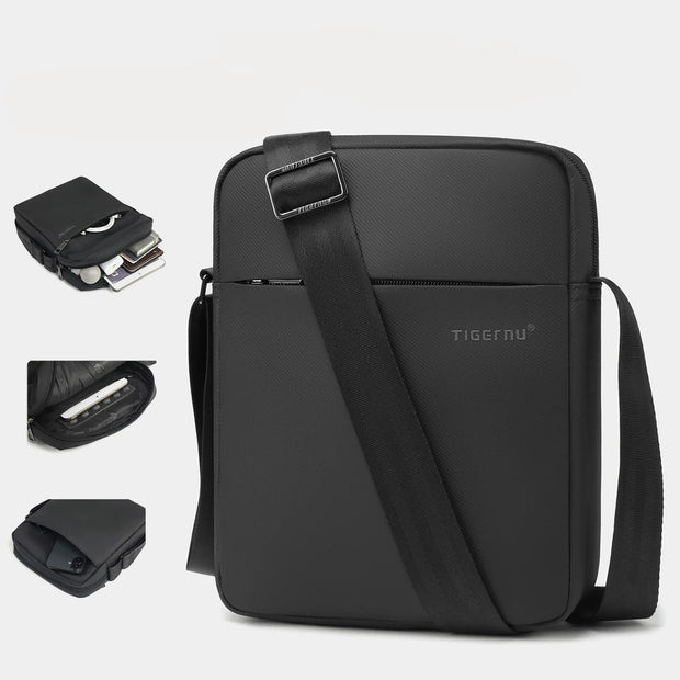 Black shoulder bag on a light gray background