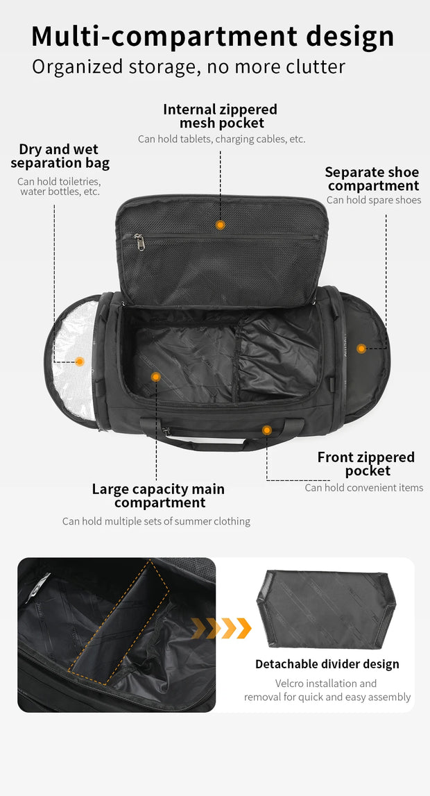 Multifunctional travel bag with various compartments and features on a white background