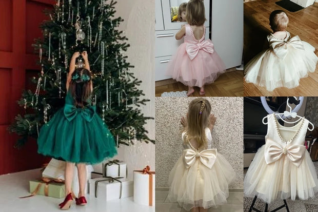 Collage of children in flower girl dresses with large bows, including a green dress, pink dress, and white dresses.