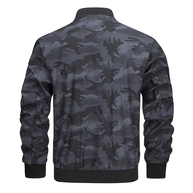 Camouflage jacket shown from the back on a white background