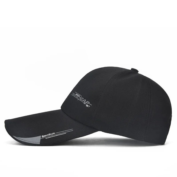 Black cap with brand logo on a white background