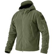 Green tactical jacket with multiple pockets and zippers on a white background