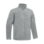 Gray tactical jacket with zippers and patches on a white background