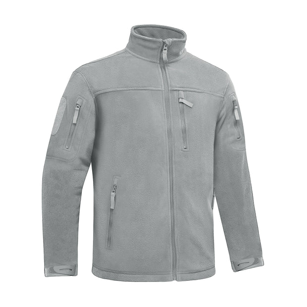 Gray tactical jacket with zippers and patches on a white background