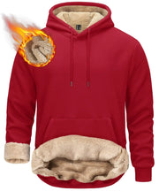 Red hoodie with beige fleece lining on a white background