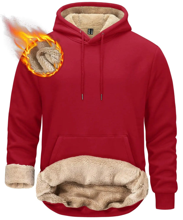 Red hoodie with beige fleece lining on a white background