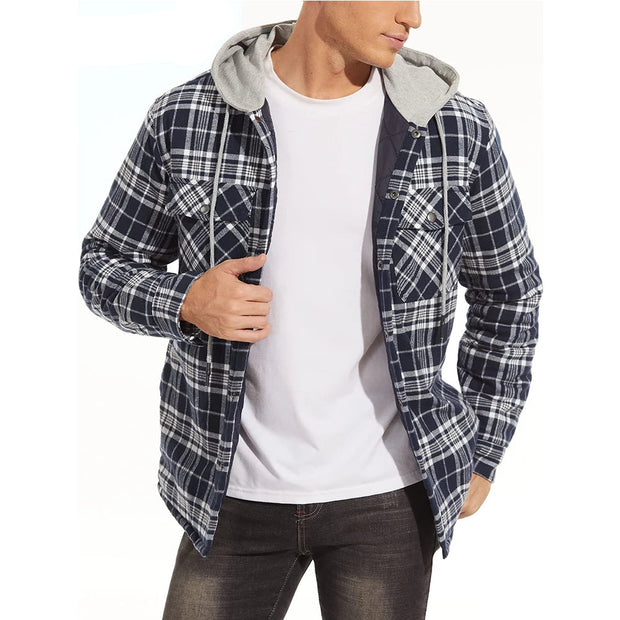 Person wearing a plaid jacket with a hood, white shirt, and dark jeans on a white background.