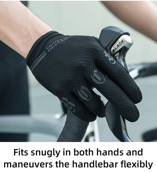 Black glove fitting over a motorcycle handlebar with text 'Fits snugly in both hands and maneuvers the handlebar flexibly'.