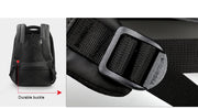 Black backpack with a durable buckle on a white background