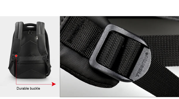 Black backpack with a durable buckle on a white background
