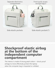Light gray backpack with features highlighted on a white background