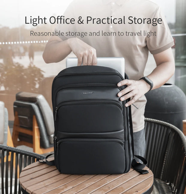 Black backpack on a table with a person in the background, text about light office and practical storage.