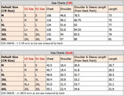 Size chart comparing CM and Inch measurements for clothing sizes.